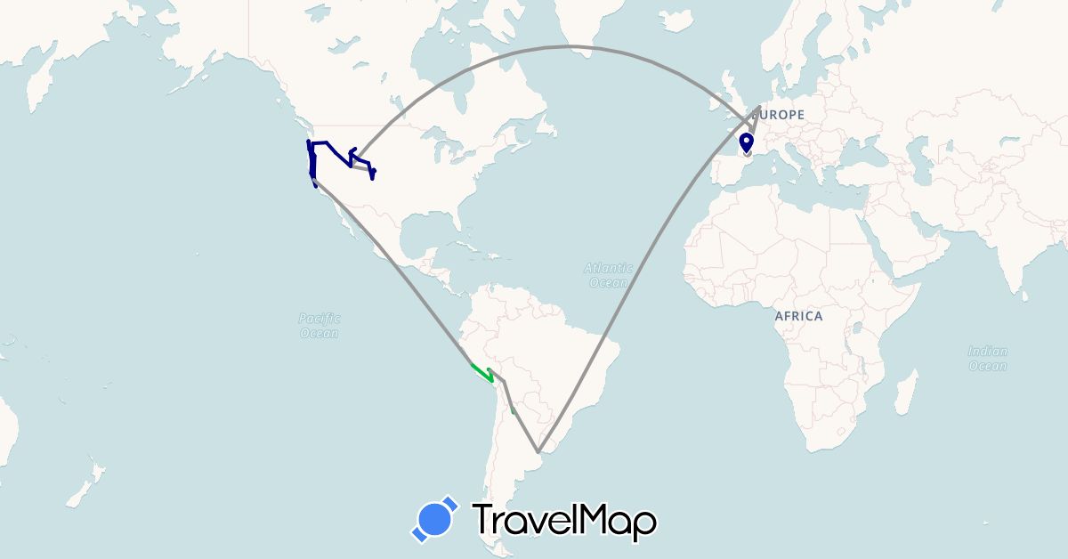 TravelMap itinerary: driving, bus, plane, hiking in Argentina, Bolivia, France, Netherlands, Peru, United States (Europe, North America, South America)
